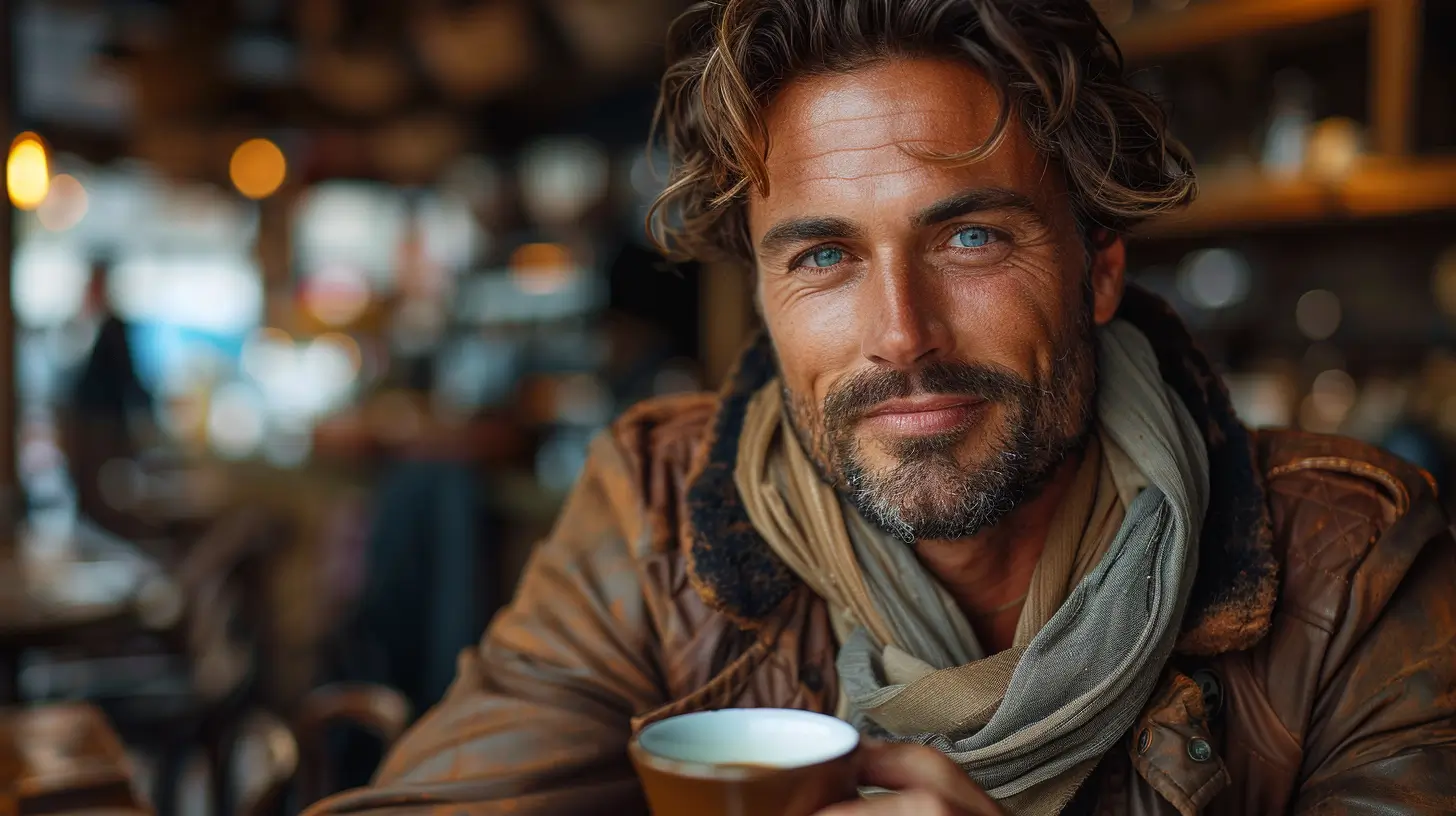 Man drinking coffee and smiling to the camera